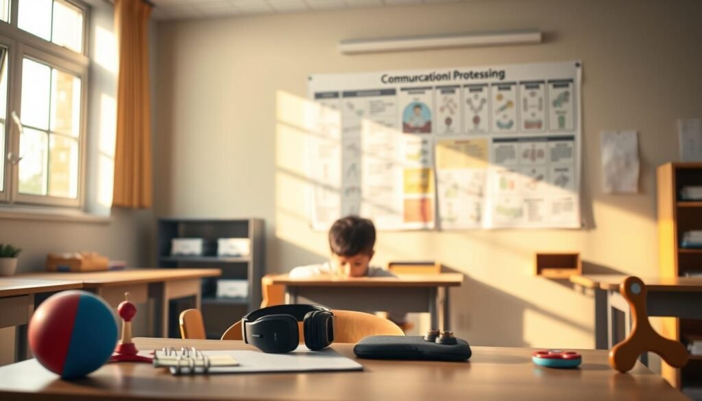 A dimly lit, cozy classroom with soft lighting from a window in the background. In the foreground, a young autistic person sits at a desk, deep in thought, surrounded by various sensory objects - a stress ball, noise-cancelling headphones, a weighted lap pad, and a fidget spinner. The middle ground features a sensory processing chart on the wall, highlighting different techniques for improving communication. The atmosphere is calming and understanding, conveying the importance of tailored strategies for autistic individuals to express themselves effectively.