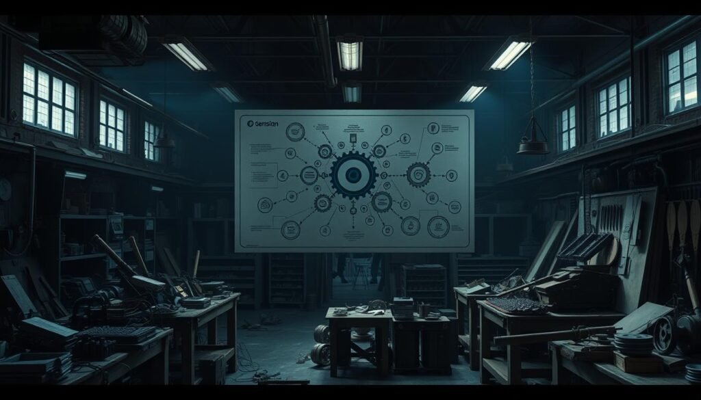A dimly lit industrial workshop, cluttered with half-finished prototypes and discarded ideas. In the center, a complex schematic diagram hovers, depicting an "Idea Implementation Execution Framework" - a labyrinth of interconnected gears, cogs, and levers, each representing a crucial step in the creative process. Shadows and muted colors cast an air of frustration and unfinished business, as if the framework itself is struggling to come to life. The scene conveys a sense of unrealized potential, where brilliant concepts languish, unable to make the leap from conception to tangible reality.