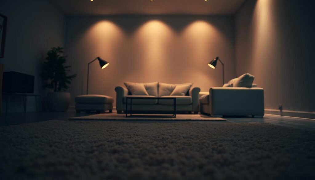 A dimly lit, sensory-processing disorder-friendly environment. In the foreground, a soft, textured rug in muted colors covers the floor, providing a calming, grounding surface. The middle ground features comfortable, oversized furniture in neutral tones, inviting a sense of security and control. Indirect, adjustable lighting casts a warm, soothing glow, minimizing harsh shadows and sensory overwhelm. The background depicts a simple, neutral-colored wall, free of distracting patterns or bright colors. An overall sense of tranquility and balance pervades the scene, creating an environment tailored to the unique needs of individuals with sensory processing challenges.