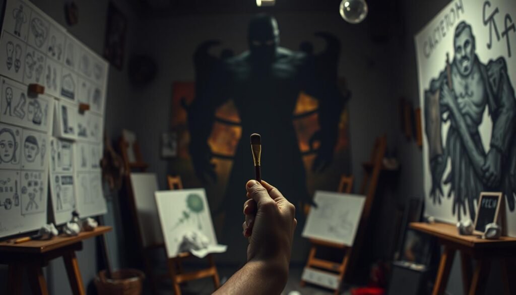 A dimly lit studio space, walls adorned with half-finished sketches and crumpled paper balls. In the foreground, a lone artist's hand grips a paintbrush, frozen in uncertainty. Towering mental barriers, manifested as looming, shadowy figures, loom ominously in the middle ground, casting an oppressive atmosphere. The background is blurred, hinting at the vibrant creative potential beyond, yet obscured by the psychological obstacles. Dramatic chiaroscuro lighting accentuates the internal struggle, creating a sense of unease and creative paralysis.