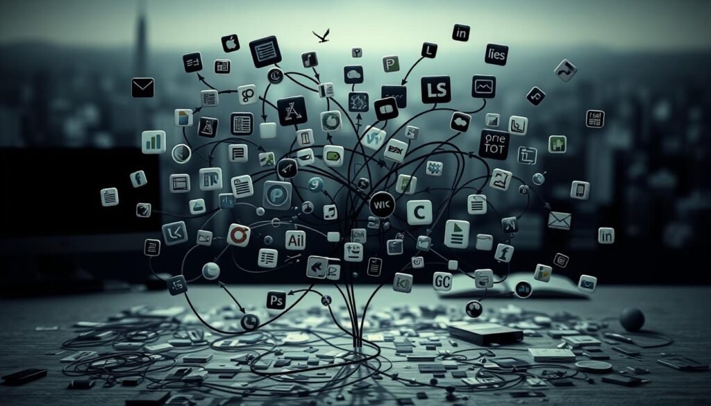 A disjointed, inefficient tech ecosystem diagram showcasing disconnected productivity software. In the foreground, a tangled web of overlapping icons representing various applications - spreadsheets, chat tools, task managers, and more - reflecting a cluttered, overwhelming user experience. The middle ground features a maze of arrows and lines haphazardly connecting the different software, symbolizing the lack of integration and seamless workflow. In the background, a blurred, indistinct landscape of desktops, mobile devices, and cloud storage icons, emphasizing the fragmented nature of the overall system. The scene is cast in a dim, drab palette, conveying a sense of frustration and diminished productivity. Dramatic side lighting casts long, distorted shadows, adding to the feeling of disarray and inefficiency.