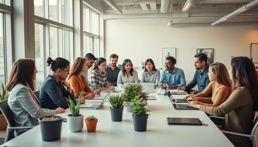 A diverse group of professionals gathered around a modern, minimalist conference table, engaged in lively discussions. The scene is bathed in warm, natural lighting filtering through large windows, creating a welcoming and inclusive atmosphere. In the foreground, team members from various backgrounds actively collaborate, exchanging ideas and brainstorming solutions. The middle ground showcases a collection of potted plants and sleek, technology-enabled meeting tools, reflecting a contemporary office design. The background depicts an open-plan workspace with clean lines, muted color tones, and subtle artwork, fostering a sense of creativity and innovation. The overall composition conveys a harmonious, productive, and inclusive team dynamic.