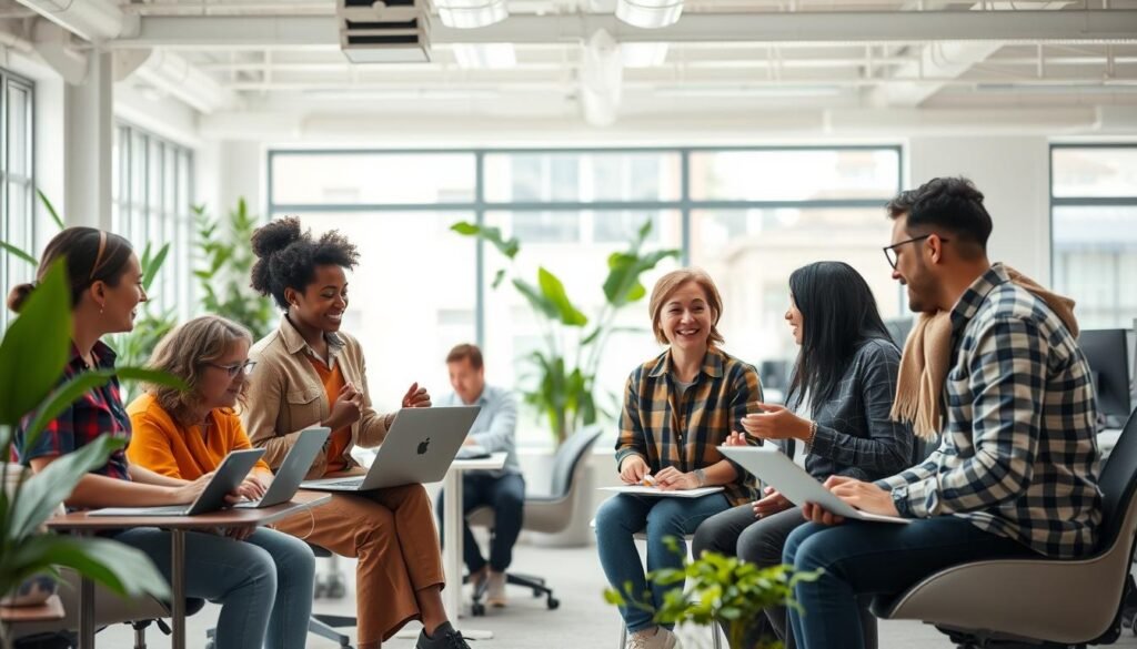 A diverse group of workers collaborating in a bright, airy office space. In the foreground, colleagues of varying ages, abilities and ethnicities engage in a lively discussion, their body language and facial expressions conveying openness and inclusion. In the middle ground, assistive technologies and adaptable workstations enable seamless integration of neurodiverse needs. The background features an abundance of natural light, plants, and modern, ergonomic furnishings, creating a calming, welcoming atmosphere that celebrates cognitive diversity as a strength. The scene exudes a sense of harmony, productivity and respect for individual differences.