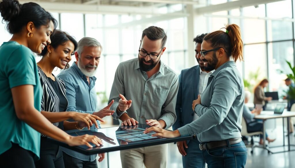 A diverse team of professionals collaborating in an airy, modern office space. Bright, natural lighting filters through large windows, illuminating their engaged expressions and body language. The foreground features four co-workers - a woman of color, a middle-aged man, a younger woman, and a person with a visible disability - leaning in, gesturing animatedly as they discuss a project on a sleek touchscreen display. In the middle ground, other team members work independently or confer in small groups, representing the varied work styles and communication dynamics of the inclusive workplace. The background showcases the company's open-concept design, with potted plants, colorful accents, and a sense of productivity and camaraderie.