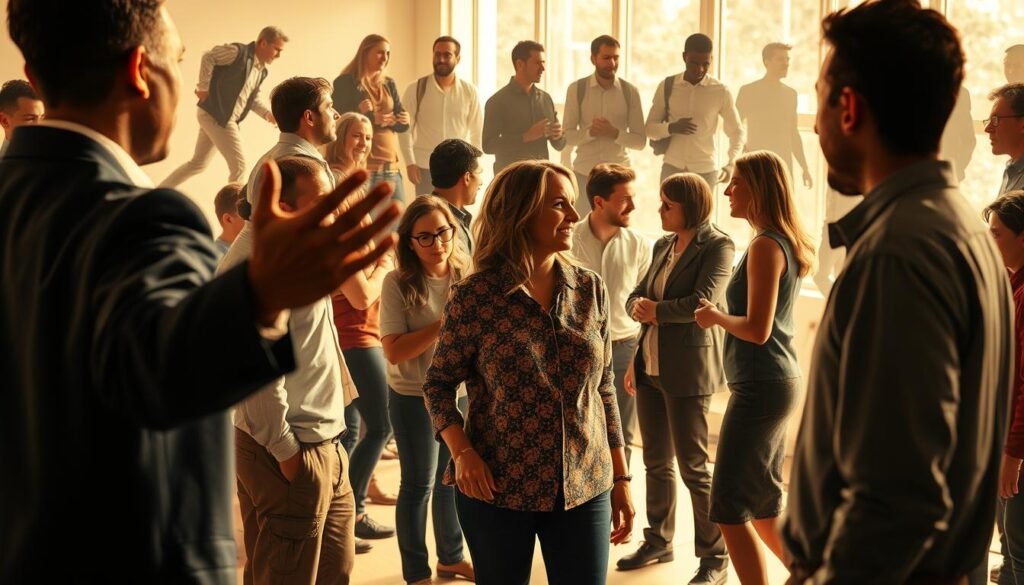 A dynamic collage of diverse body language and nonverbal communication cues, captured in a seamless composition. In the foreground, a figure makes an emphatic hand gesture, their posture exuding confidence. In the middle ground, a pair of individuals engage in an animated conversation, their facial expressions and body positioning conveying deep rapport. In the background, a group gathers, their stance and subtle movements suggesting an array of emotional states and interpersonal dynamics. The scene is bathed in warm, natural lighting, creating a sense of immediacy and authenticity. Rendered with a photorealistic aesthetic and a keen eye for detail, this image visually encapsulates the nuanced and multifaceted nature of nonverbal communication. A dynamic collage of diverse body language and nonverbal communication cues, captured in a seamless composition. In the foreground, a figure makes an emphatic hand gesture, their posture exuding confidence. In the middle ground, a pair of individuals engage in an animated conversation, their facial expressions and body positioning conveying deep rapport. In the background, a group gathers, their stance and subtle movements suggesting an array of emotional states and interpersonal dynamics. The scene is bathed in warm, natural lighting, creating a sense of immediacy and authenticity. Rendered with a photorealistic aesthetic and a keen eye for detail, this image visually encapsulates the nuanced and multifaceted nature of nonverbal communication.