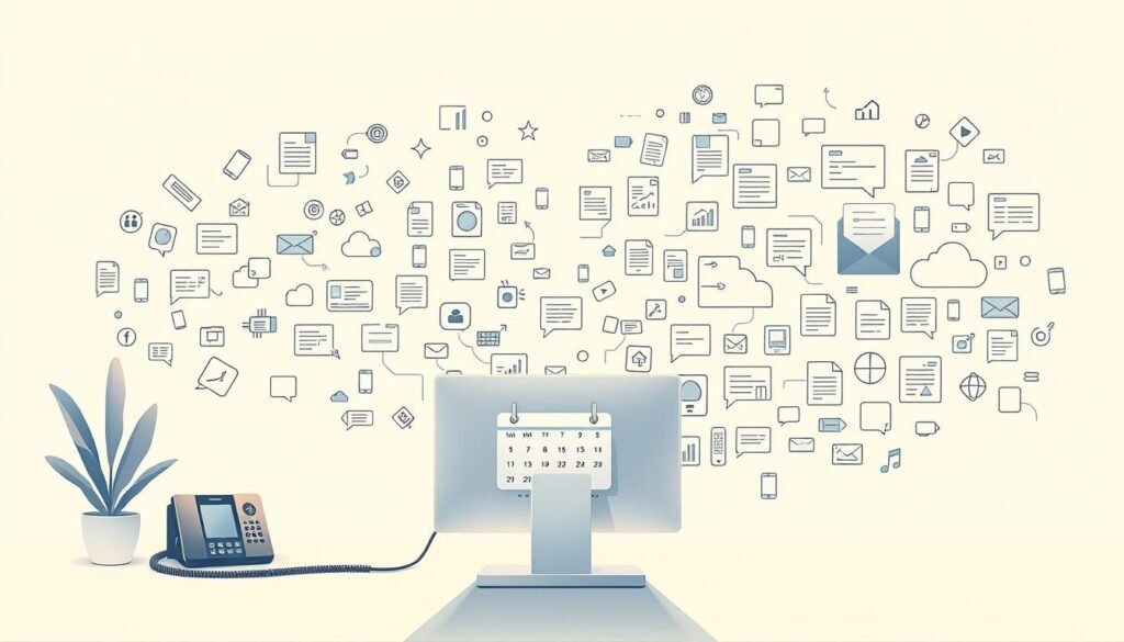 A futuristic, minimalist illustration depicting the contrast between synchronous and asynchronous communication methods. In the foreground, a clean and well-organized workspace with a desktop computer, a phone, and a calendar, representing synchronous methods like video calls and instant messaging. In the background, a scattered array of digital devices, message threads, and cloud-based documents, symbolizing the asynchronous flow of information and collaboration. The scene is bathed in a soft, warm lighting, creating a sense of balance and harmony between the two approaches. The overall composition emphasizes the need to understand and strategically leverage both communication styles to foster efficient and productive meetings. A futuristic, minimalist illustration depicting the contrast between synchronous and asynchronous communication methods. In the foreground, a clean and well-organized workspace with a desktop computer, a phone, and a calendar, representing synchronous methods like video calls and instant messaging. In the background, a scattered array of digital devices, message threads, and cloud-based documents, symbolizing the asynchronous flow of information and collaboration. The scene is bathed in a soft, warm lighting, creating a sense of balance and harmony between the two approaches. The overall composition emphasizes the need to understand and strategically leverage both communication styles to foster efficient and productive meetings.