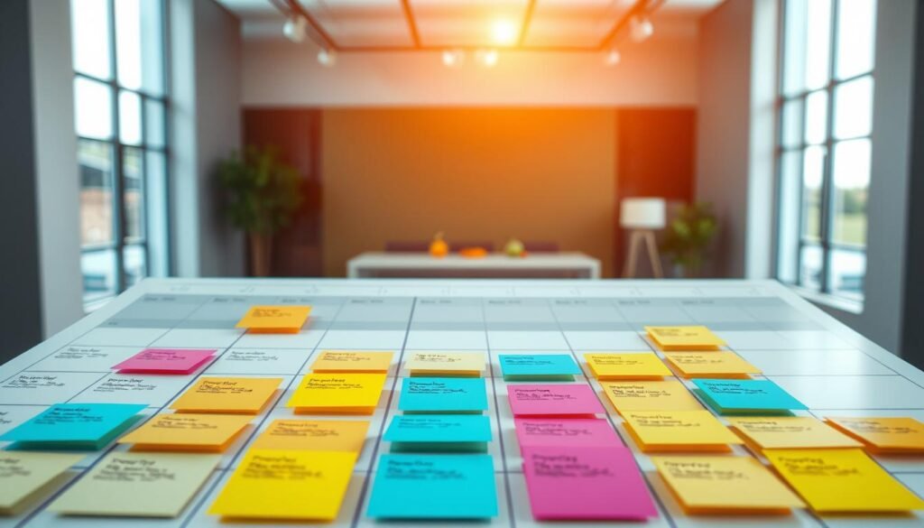 A highly organized, visually intuitive digital task board with a clean, minimal design. In the foreground, a series of colorful sticky note-style task cards are arranged in columns representing different project phases, with smooth transitions between them. The middle ground features a sleek, high-contrast interface with crisp typography, precise layout, and a sophisticated color palette of grays, blues, and highlights. In the background, a slightly blurred perspective of a stylish, well-lit office space with large windows provides a serene, productive atmosphere. Subtle lighting from above casts a warm, focused glow on the task board, emphasizing its functionality and elegance. An immersive, friction-light visual workflow management solution.