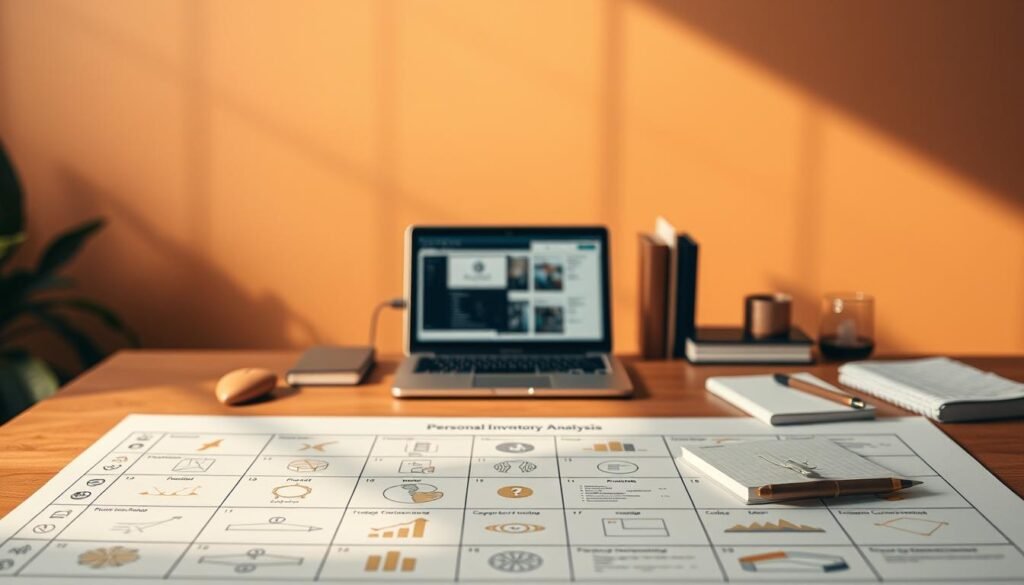 A meticulously designed personal inventory analysis framework for creative professionals, depicted against a backdrop of warm, earthy hues. The foreground showcases a clean, minimalist grid layout, with various icons and visualizations representing key elements of the framework, such as passions, skills, opportunities, and goals. The middle ground features an elegant desk setup, with a laptop, notebooks, and other tactile materials, evoking a productive and contemplative workspace. The background subtly blends soft, blurred shapes and textures, creating a sense of depth and a serene, introspective atmosphere. Crisp, directional lighting casts subtle shadows, adding depth and dimension to the composition. The overall aesthetic strikes a balance between analytical rigor and creative inspiration, reflecting the unique needs of the creative professional.
