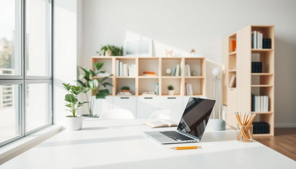 A minimalist, well-organized workspace with natural lighting and a calm, focused atmosphere. In the foreground, a clean desk with a laptop, a plant, and a few essential stationery items. In the middle ground, bookshelves or storage units with neatly arranged books and decor, creating a sense of order. The background features a large window or a clean, white wall, allowing the natural light to flood the space and create a serene, distraction-free environment. The overall scene conveys a sense of productivity, mindfulness, and a balanced approach to work and energy management. A minimalist, well-organized workspace with natural lighting and a calm, focused atmosphere. In the foreground, a clean desk with a laptop, a plant, and a few essential stationery items. In the middle ground, bookshelves or storage units with neatly arranged books and decor, creating a sense of order. The background features a large window or a clean, white wall, allowing the natural light to flood the space and create a serene, distraction-free environment. The overall scene conveys a sense of productivity, mindfulness, and a balanced approach to work and energy management.