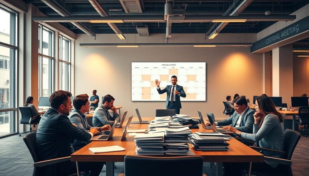 A modern, open-concept office space with minimalist furniture and warm lighting. In the foreground, a group of professionals gathered around a conference table, looking distressed and overwhelmed by a stack of papers and laptops. In the middle ground, a person standing at the head of the table gestures towards a large, digital calendar projected on the wall, suggesting more efficient meeting scheduling. The background features blurred, silhouetted employees working independently at their desks, conveying a sense of productivity outside the meeting room. The overall atmosphere is one of tension and the need for a solution to the problem of meeting overload in the contemporary workplace.