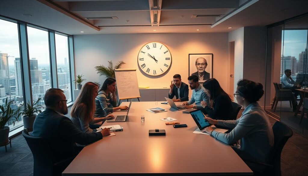 A modern open-plan office interior, dimly lit with warm ambient lighting. In the foreground, a team of diverse professionals sitting around a sleek, minimalist conference table, engaged in a lively discussion. They are using a digital whiteboard and taking notes on their laptops, conveying a sense of focus and productivity. In the middle ground, the room is adorned with minimalist decor, including a large wall-mounted clock and inspirational artwork. The background features floor-to-ceiling windows overlooking a bustling cityscape, creating a sense of balance between the structured workspace and the dynamic urban environment beyond. The overall atmosphere exudes efficiency, collaboration, and time management. A modern open-plan office interior, dimly lit with warm ambient lighting. In the foreground, a team of diverse professionals sitting around a sleek, minimalist conference table, engaged in a lively discussion. They are using a digital whiteboard and taking notes on their laptops, conveying a sense of focus and productivity. In the middle ground, the room is adorned with minimalist decor, including a large wall-mounted clock and inspirational artwork. The background features floor-to-ceiling windows overlooking a bustling cityscape, creating a sense of balance between the structured workspace and the dynamic urban environment beyond. The overall atmosphere exudes efficiency, collaboration, and time management.