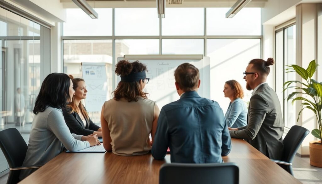 A modern, well-lit office setting, with a diverse group of professionals engaged in an inclusive meeting. In the foreground, a team collaborating around a large conference table, using inclusive communication techniques like active listening, open body language, and respectful dialogue. In the middle ground, a large whiteboard displays visual aids and collaborative notes. The background features ample natural light streaming through floor-to-ceiling windows, creating a warm, productive atmosphere. The overall scene conveys a sense of thoughtful, productive, and welcoming workplace collaboration.