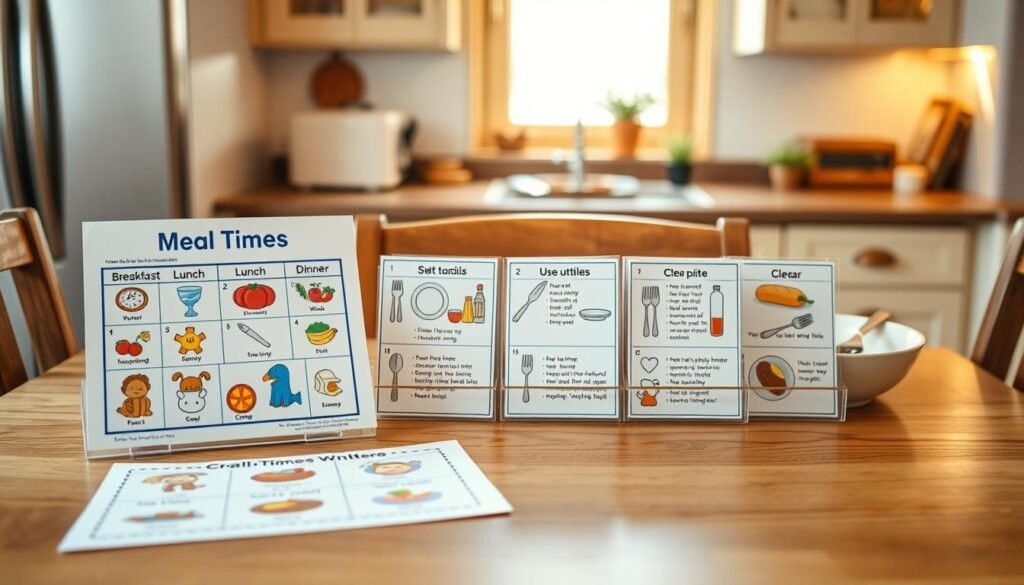 A neatly organized mealtime schedule for a child with autism, laid out on a wooden kitchen table. In the foreground, a colorful illustrated guide with icons depicting breakfast, lunch, and dinner. In the middle, a set of laminated cards with images and text outlining the step-by-step sequence of mealtime activities, such as washing hands, sitting at the table, using utensils, and clearing the plate. The background features a warm, natural lighting, emphasizing the cozy, comforting atmosphere of a familiar household environment. The overall composition conveys a sense of structure, predictability, and visual cues to help the child navigate the mealtime routine with confidence and independence. A neatly organized mealtime schedule for a child with autism, laid out on a wooden kitchen table. In the foreground, a colorful illustrated guide with icons depicting breakfast, lunch, and dinner. In the middle, a set of laminated cards with images and text outlining the step-by-step sequence of mealtime activities, such as washing hands, sitting at the table, using utensils, and clearing the plate. The background features a warm, natural lighting, emphasizing the cozy, comforting atmosphere of a familiar household environment. The overall composition conveys a sense of structure, predictability, and visual cues to help the child navigate the mealtime routine with confidence and independence.