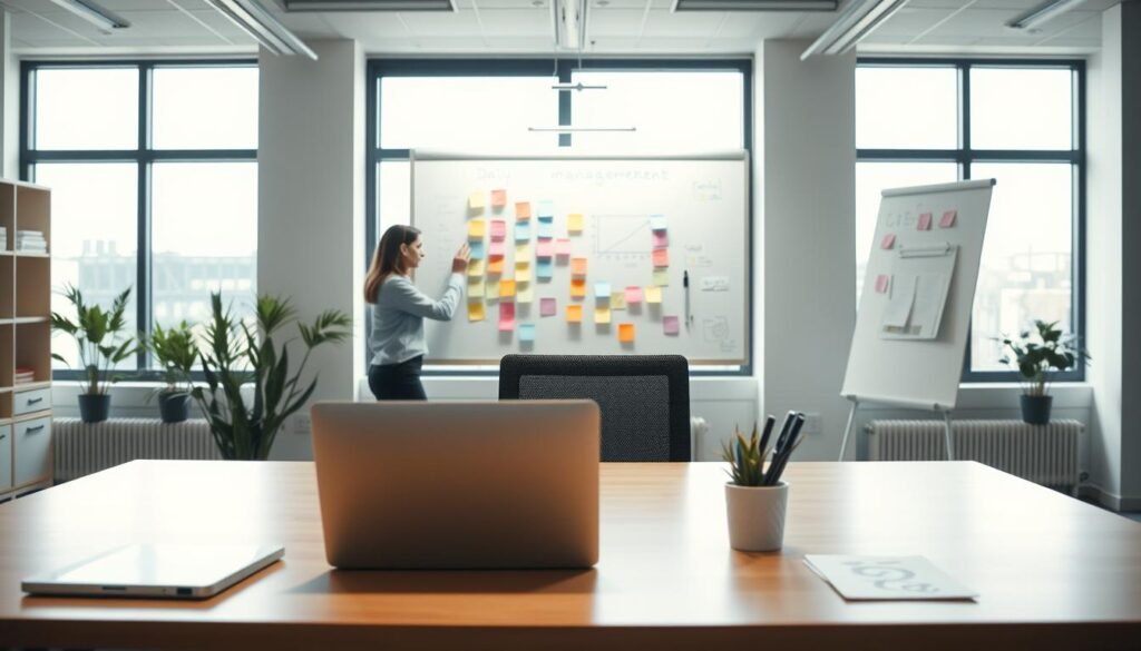 A neatly organized office space, with a clean, modern aesthetic. In the foreground, a desk with a laptop, a pen holder, and a small potted plant, representing structure and order. In the middle ground, a whiteboard with colorful sticky notes and diagrams, symbolizing adaptability and flexibility in daily management. The background features large windows, allowing natural light to flood the room, creating a sense of openness and collaboration. Soft, indirect lighting casts a warm, professional glow, and the camera angle is slightly elevated, giving a sense of oversight and control. The overall mood is one of balance, where rigid processes and spontaneous adjustments coexist harmoniously.