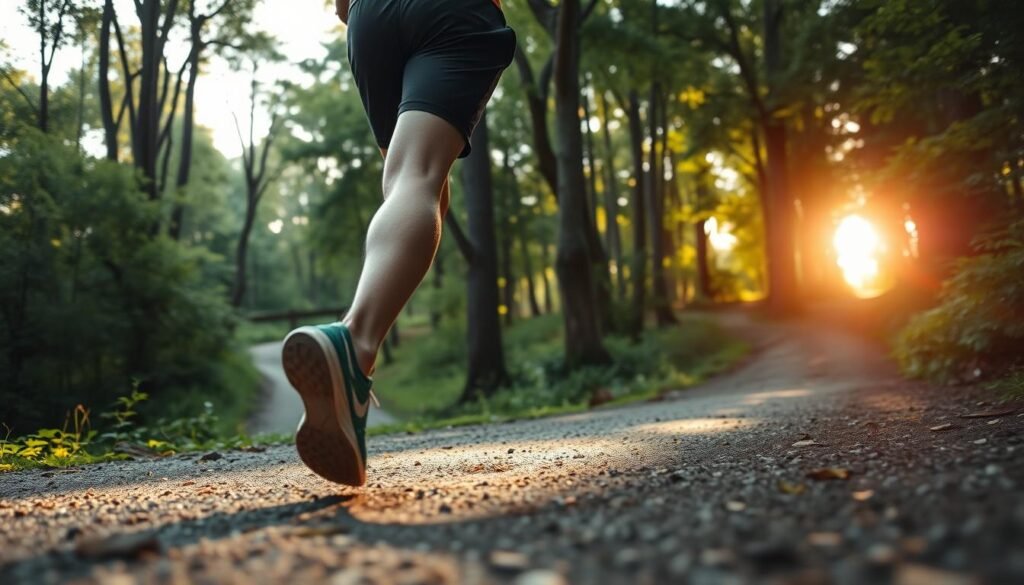 A person running along a serene wooded path, sunlight filtering through the canopy, casting a warm glow. In the foreground, the runner's feet pound the ground, their form focused and determined. The middle ground reveals the winding trail, surrounded by lush greenery and towering trees. In the background, a sense of peace and tranquility, as if the runner's mind has found clarity and focus amidst the natural surroundings. The lighting is soft and diffused, creating a calming, meditative atmosphere. The camera angle is slightly low, emphasizing the runner's powerful stride and connection to the earth beneath their feet.