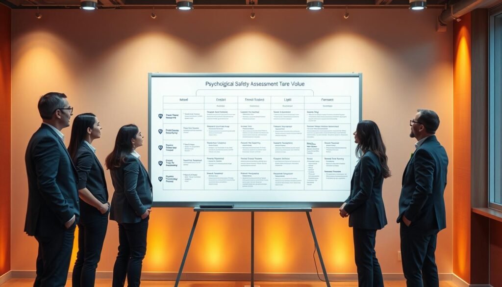 A professional, clean-cut team collaborating on a comprehensive psychological safety assessment framework, displayed on a large whiteboard. The framework features distinct sections with icons and concise text, laid out in a structured, visually appealing manner. Warm, focused lighting illuminates the scene, conveying a sense of productivity and progress. The team members, dressed in smart business attire, stand around the board, engaged in thoughtful discussion. The atmosphere is one of constructive analysis and a shared commitment to improving team dynamics and culture.