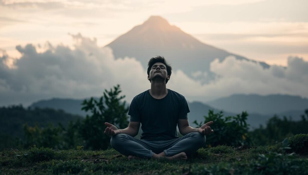 A serene landscape with a towering mountain range in the background, its peaks piercing the clouds. In the foreground, a person sits cross-legged, deep in contemplation, their eyes closed as they grapple with their creative blocks. Soft, warm lighting casts a gentle glow, illuminating the person's face and the lush, verdant foliage surrounding them. The atmosphere is one of tranquility and introspection, inviting the viewer to join the individual on their journey of self-discovery and understanding the mental barriers that hinder their creative expression.