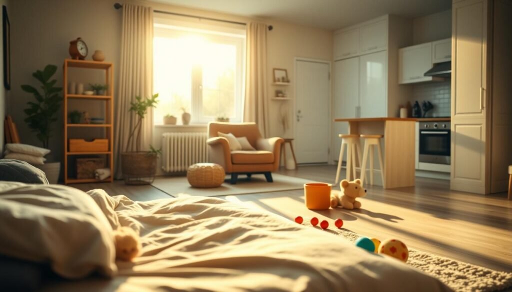 A serene, softly lit morning scene in a cozy, autism-friendly household. In the foreground, a child's room with muted colors, plush textiles, and sensory-friendly toys arranged neatly. The middle ground features an open living area with a comfortable armchair and a large window letting in natural light. In the background, a minimalist kitchen with clean lines and muted tones. The atmosphere is calming, with a warm, hazy glow from the morning sun. The overall composition conveys a sense of tranquility and structure, ideal for an autism-focused daily routine. A serene, softly lit morning scene in a cozy, autism-friendly household. In the foreground, a child's room with muted colors, plush textiles, and sensory-friendly toys arranged neatly. The middle ground features an open living area with a comfortable armchair and a large window letting in natural light. In the background, a minimalist kitchen with clean lines and muted tones. The atmosphere is calming, with a warm, hazy glow from the morning sun. The overall composition conveys a sense of tranquility and structure, ideal for an autism-focused daily routine.