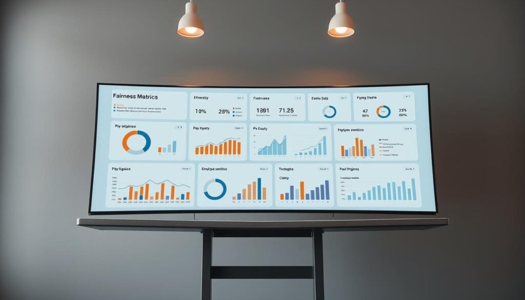 A sleek, modern workplace dashboard displays a range of fairness metrics, including diversity statistics, pay equity data, and employee sentiment indicators. The layout is clean and minimalist, with clear data visualizations and intuitive user interface. Soft lighting from overhead fixtures casts a warm glow across the curved display, creating a professional yet approachable atmosphere. The dashboard is positioned on a sturdy standing desk against a backdrop of muted gray walls, hinting at a forward-thinking, people-centric organizational culture. The overall impression is one of data-driven insight, transparency, and a deep commitment to fostering an equitable and inclusive work environment. A sleek, modern workplace dashboard displays a range of fairness metrics, including diversity statistics, pay equity data, and employee sentiment indicators. The layout is clean and minimalist, with clear data visualizations and intuitive user interface. Soft lighting from overhead fixtures casts a warm glow across the curved display, creating a professional yet approachable atmosphere. The dashboard is positioned on a sturdy standing desk against a backdrop of muted gray walls, hinting at a forward-thinking, people-centric organizational culture. The overall impression is one of data-driven insight, transparency, and a deep commitment to fostering an equitable and inclusive work environment.