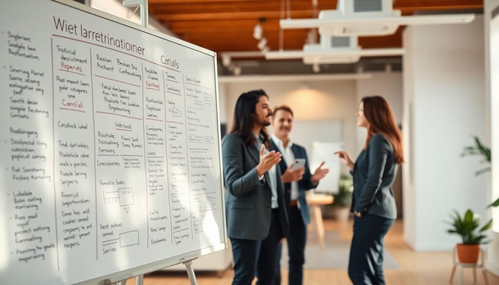 A spacious, well-lit office setting with a large, clear whiteboard in the foreground. The whiteboard is filled with concise, organized notes and diagrams, conveying ideas and processes in a structured, easy-to-understand manner. In the middle ground, a team of professionals collaborating, their expressions focused yet calm, gesturing towards the whiteboard as they engage in thoughtful discussion. The background is softly blurred, with subtle hints of modern office furnishings and decor, creating a professional, distraction-free environment. Warm, natural lighting illuminates the scene, emphasizing clarity and attention to detail.