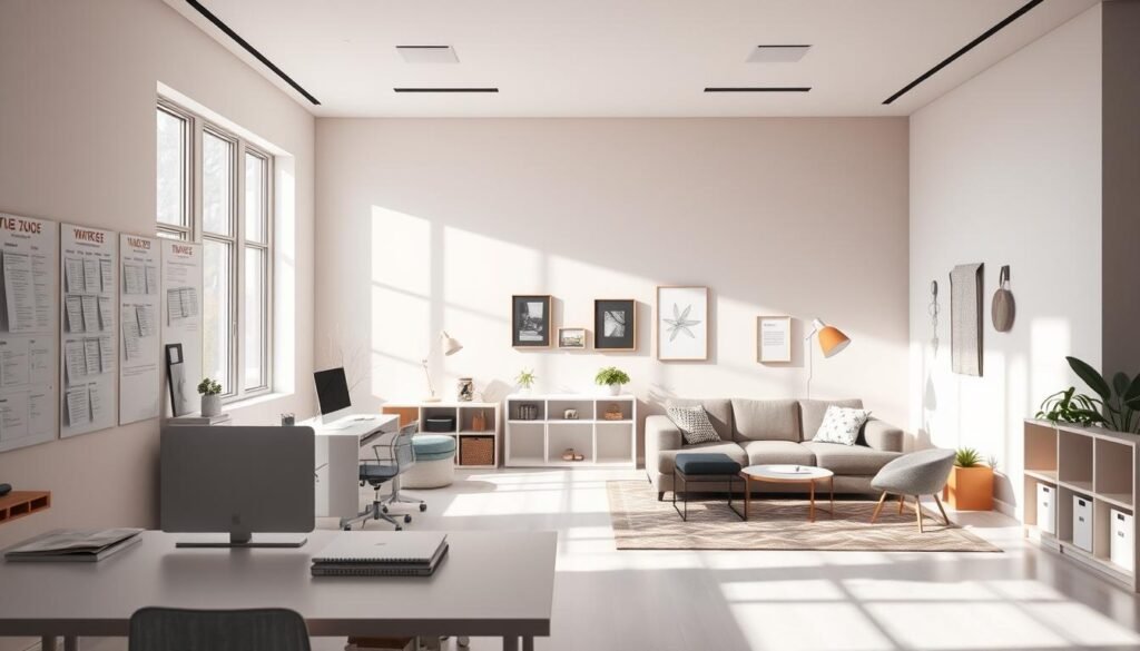A structured, organized environment designed for an autistic individual's daily routine. In the foreground, a clean, minimalist workspace with task-specific stations and a visual schedule. Soft, natural lighting filters through large windows, creating a calming atmosphere. In the middle ground, cozy seating areas and sensory-friendly decor encourage relaxation and self-regulation. The background features soothing, neutral-toned walls and carefully curated sensory elements, like textured panels and gentle ambient sounds, to promote focus and reduce stress. The overall scene conveys a sense of order, predictability, and comfort - the foundation for a sustainable daily routine for an individual on the autism spectrum. A structured, organized environment designed for an autistic individual's daily routine. In the foreground, a clean, minimalist workspace with task-specific stations and a visual schedule. Soft, natural lighting filters through large windows, creating a calming atmosphere. In the middle ground, cozy seating areas and sensory-friendly decor encourage relaxation and self-regulation. The background features soothing, neutral-toned walls and carefully curated sensory elements, like textured panels and gentle ambient sounds, to promote focus and reduce stress. The overall scene conveys a sense of order, predictability, and comfort - the foundation for a sustainable daily routine for an individual on the autism spectrum.