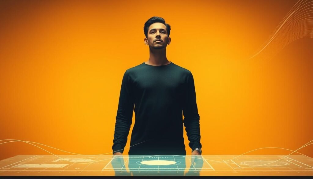 A thoughtful, human-centric technological philosophy comes to life in this visually striking image. Set against a warm, muted backdrop, a central figure stands tall and serene, their expression reflecting a sense of connection and purpose. The foreground features a clean, elegant interface that seamlessly integrates with the person's gestures, suggesting a harmonious, intuitive user experience. In the middle ground, abstract geometric shapes and flowing lines symbolize the underlying principles of design that prioritize the human experience. The lighting is soft and diffused, creating a sense of tranquility and focus. The overall composition conveys a vision of technology that empowers and elevates the individual, rather than overwhelming or constraining them.
