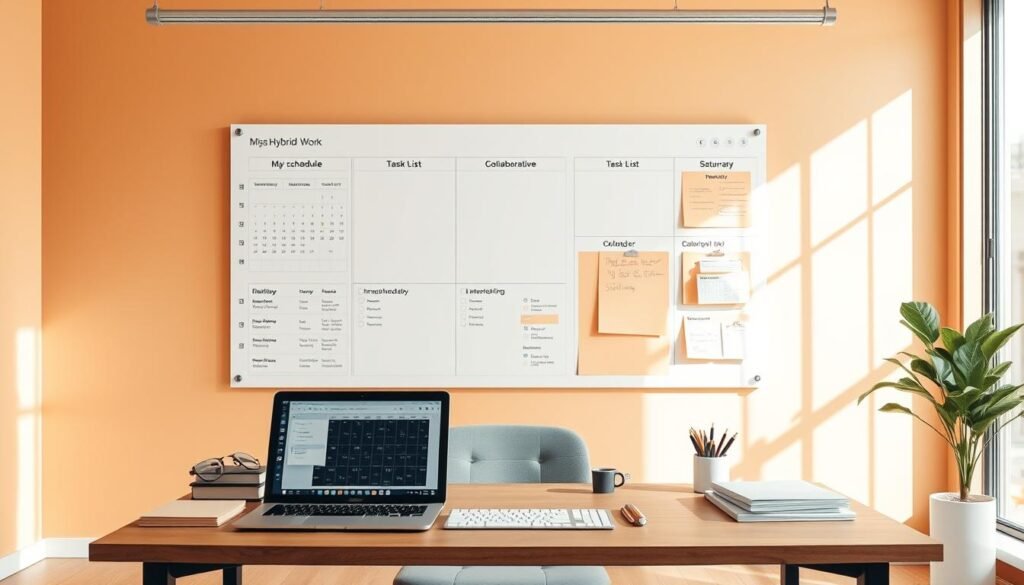 A thoughtfully designed hybrid work planning framework set against a warm, minimalist office backdrop. In the foreground, a neatly organized desk with a laptop, calendar, and various planning tools. In the middle ground, a clean, geometric wall display with modular sections for weekly schedules, task lists, and collaborative notes. The background features floor-to-ceiling windows, allowing natural light to flood the space and create a sense of openness and balance. The overall mood is one of productivity, structure, and personal customization - a visual representation of a carefully crafted hybrid work blueprint.