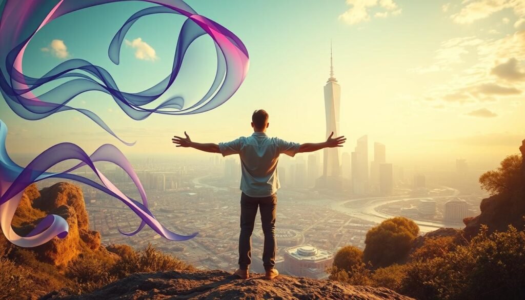 A vibrant, dynamic landscape symbolizing the evolution of the innovation mindset. In the foreground, a figure stands with arms outstretched, embodying a sense of openness and adaptability. Flowing abstract shapes in shades of blue and purple swirl around, representing the fluid, ever-changing nature of innovative thinking. The middle ground features a mosaic of interconnected gears and cogs, conveying the intricate inner workings of the innovative process. In the background, a towering, futuristic cityscape rises, hinting at the boundless potential of a mindset that embraces change and progress. The scene is bathed in a warm, golden light, creating an atmosphere of optimism and possibility.