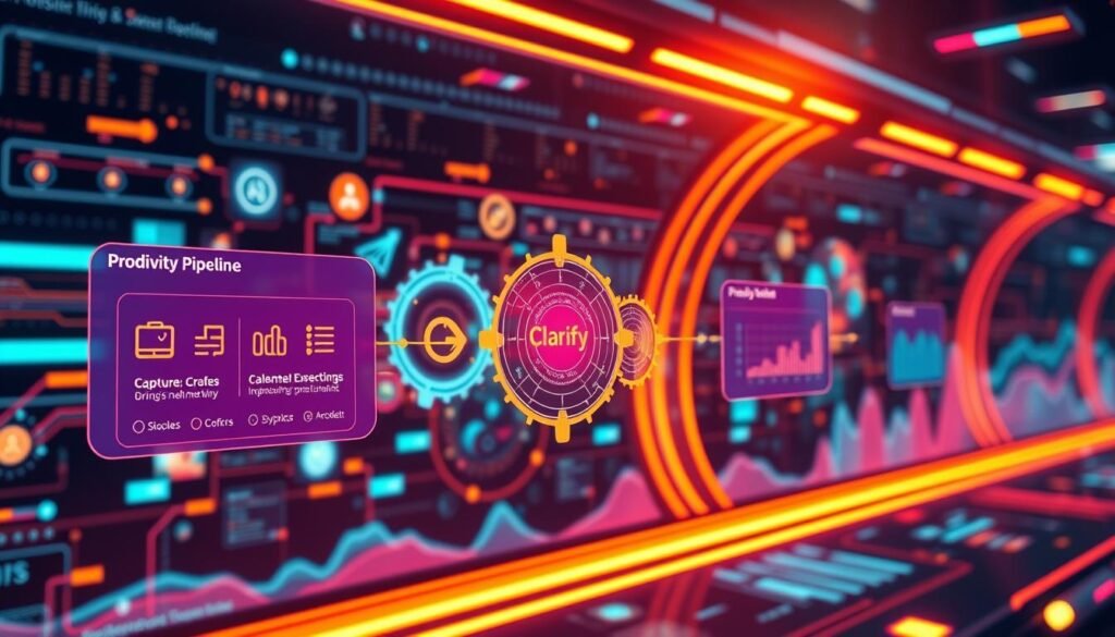 A vibrant, futuristic workflow diagram depicting the stages of a "productivity pipeline implementation". In the foreground, a sleek interface with intuitive icons, buttons, and toggles representing the three core stages: "Capture", "Clarify", and "Calendar". The middle ground features a network of interconnected gears, cogs, and data streams, symbolizing the automated processes powering the pipeline. The background showcases a dynamic, kaleidoscopic landscape of graphs, charts, and visualizations, reflecting the data-driven insights driving the system. Warm lighting casts a futuristic glow, while a cinematic camera angle provides a sense of depth and perspective. The overall mood is one of efficiency, innovation, and seamless productivity.