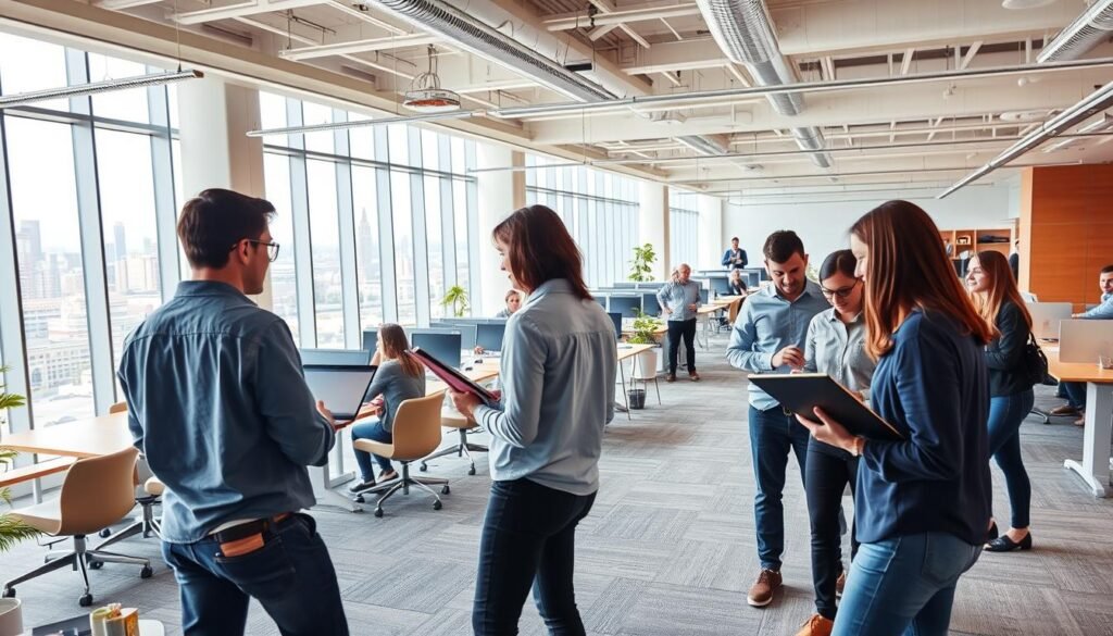 A vibrant office space with a dynamic, flexible layout. In the foreground, employees collaborate in an open, airy environment, laptops and notebooks in hand. The middle ground showcases a mix of individual workstations and communal seating areas, encouraging both focused work and casual interactions. The background reveals floor-to-ceiling windows, flooding the space with natural light and offering a scenic view of a bustling urban landscape. The overall atmosphere exudes a sense of productivity, innovation, and a forward-thinking work culture that embraces the hybrid work paradigm.
