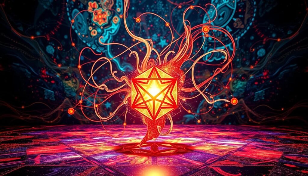 A vibrant, three-dimensional visualization of breakthrough thinking methods. In the foreground, a glowing, pulsating geometric shape representing the core of the creative process, surrounded by swirling wisps of energy. In the middle ground, branching pathways and interconnected nodes symbolize the nonlinear, associative nature of innovative thinking. The background is a shimmering, kaleidoscopic landscape of abstract patterns and fluid, ever-changing forms, evoking the expansive, transcendent nature of breakthrough moments. Dramatic lighting casts dramatic shadows, heightening the sense of depth and dynamism. The overall composition conveys the dynamic, multifaceted nature of the mechanics behind breakthrough thinking.
