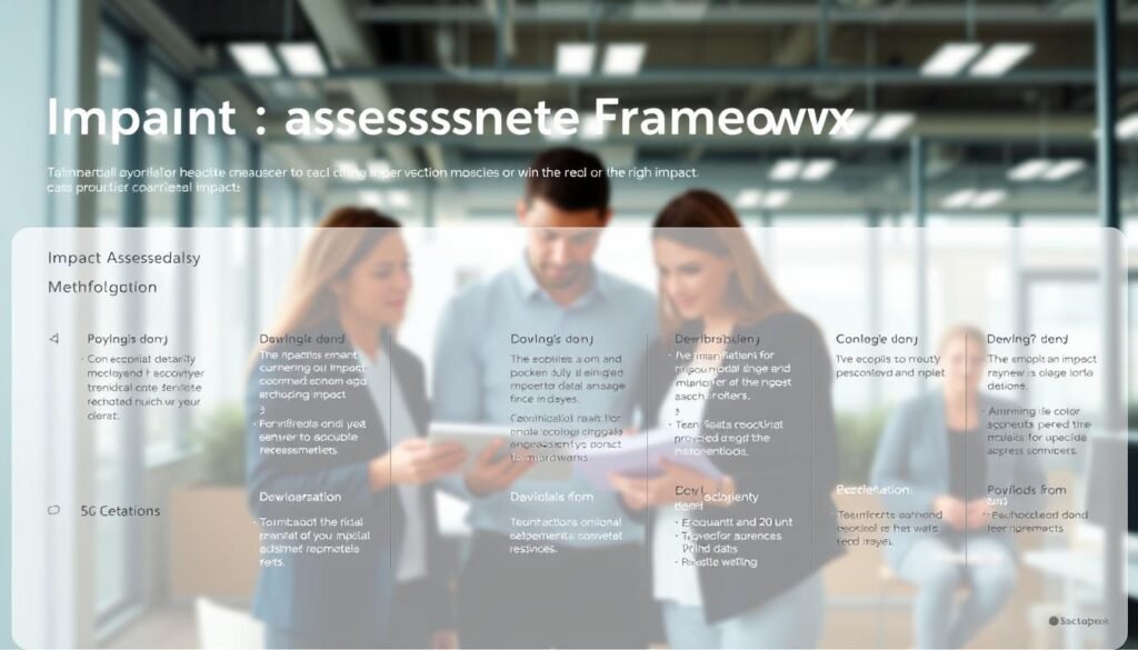A vibrant visual representation of an impact assessment framework methodology. In the foreground, a clear, concise infographic showcases the key steps and processes, rendered in a sleek, minimalist style with clean lines and a muted color palette. In the middle ground, a team of professionals collaboratively analyzing data and insights, their expressions focused and engaged, highlighted by soft, directional lighting. In the background, a blurred cityscape or office environment, conveying a sense of real-world application and implementation. The overall scene exudes a mood of professionalism, rigor, and a data-driven approach to driving meaningful impact.