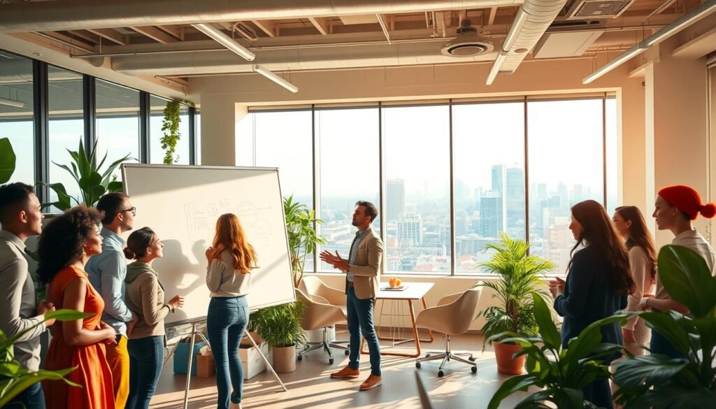 A warm, vibrant office setting with a diverse group of employees collaborating and engaging in open dialogue. In the foreground, a team of coworkers from different backgrounds brainstorming ideas on a whiteboard, expressions filled with enthusiasm. The middle ground features a dynamic open-plan workspace, with ergonomic furniture, lush greenery, and abundant natural light streaming in through large windows. In the background, a panoramic view of a bustling city skyline, symbolizing the organization's commitment to inclusivity and global perspectives. The overall mood conveys a culture of trust, innovation, and a shared sense of purpose, where all voices are heard and valued. A warm, vibrant office setting with a diverse group of employees collaborating and engaging in open dialogue. In the foreground, a team of coworkers from different backgrounds brainstorming ideas on a whiteboard, expressions filled with enthusiasm. The middle ground features a dynamic open-plan workspace, with ergonomic furniture, lush greenery, and abundant natural light streaming in through large windows. In the background, a panoramic view of a bustling city skyline, symbolizing the organization's commitment to inclusivity and global perspectives. The overall mood conveys a culture of trust, innovation, and a shared sense of purpose, where all voices are heard and valued.