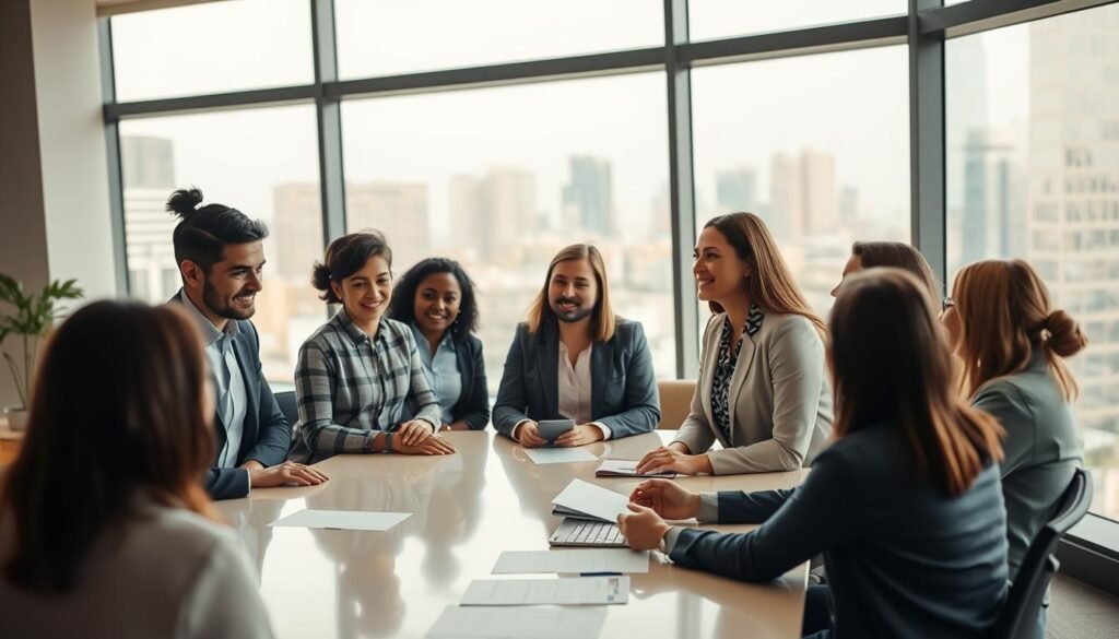 A warm, well-lit office space with a diverse group of professionals engaged in a collaborative discussion. In the foreground, a female leader stands at the head of a conference table, her expression radiating empathy and confidence as she guides the team through an important agenda. The middle ground features a mix of attentive participants - men and women of various ages and ethnicities, leaning in with open body language, their faces conveying a sense of trust and belonging. The background showcases floor-to-ceiling windows, offering a glimpse of a vibrant cityscape outside, symbolizing the organization's position within a larger, inclusive community. Soft, natural lighting casts a gentle glow, creating an atmosphere of psychological safety and mutual respect.