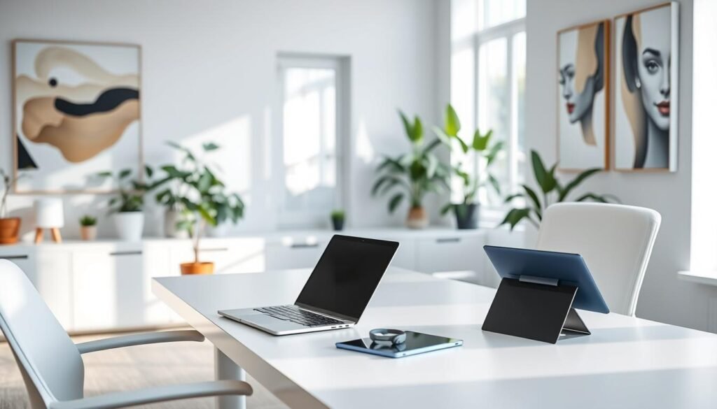 A well-lit office space with a minimalist desk setup, featuring ergonomic furniture and equipment designed to reduce cognitive load. A large window in the background provides natural lighting, and potted plants add a touch of greenery. The desk showcases a sleek laptop, a noise-cancelling headset, and a tablet for digital note-taking. The walls are adorned with abstract art pieces that promote a sense of calm and focus. The overall atmosphere conveys efficiency, productivity, and a harmonious balance between technology and nature.