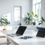 A well-lit office space with a minimalist desk setup, featuring ergonomic furniture and equipment designed to reduce cognitive load. A large window in the background provides natural lighting, and potted plants add a touch of greenery. The desk showcases a sleek laptop, a noise-cancelling headset, and a tablet for digital note-taking. The walls are adorned with abstract art pieces that promote a sense of calm and focus. The overall atmosphere conveys efficiency, productivity, and a harmonious balance between technology and nature.