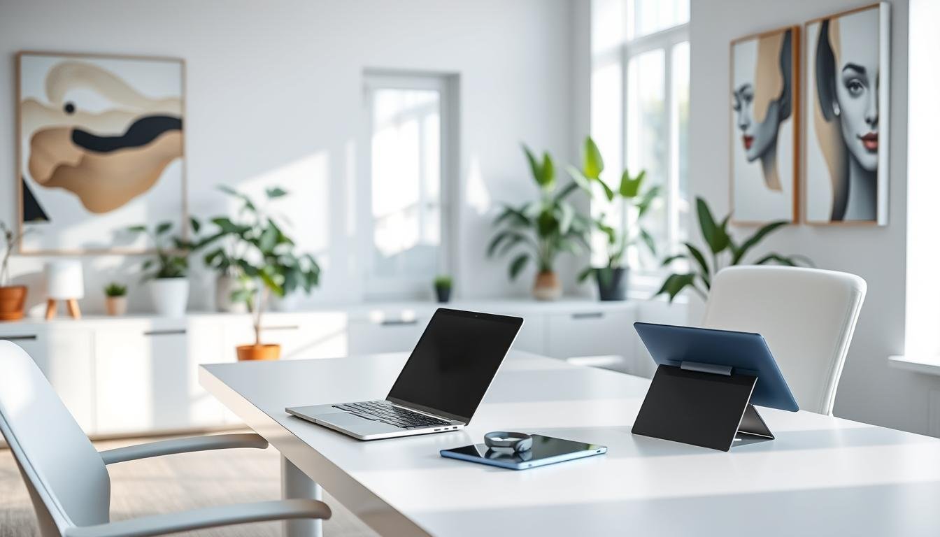 A well-lit office space with a minimalist desk setup, featuring ergonomic furniture and equipment designed to reduce cognitive load. A large window in the background provides natural lighting, and potted plants add a touch of greenery. The desk showcases a sleek laptop, a noise-cancelling headset, and a tablet for digital note-taking. The walls are adorned with abstract art pieces that promote a sense of calm and focus. The overall atmosphere conveys efficiency, productivity, and a harmonious balance between technology and nature.