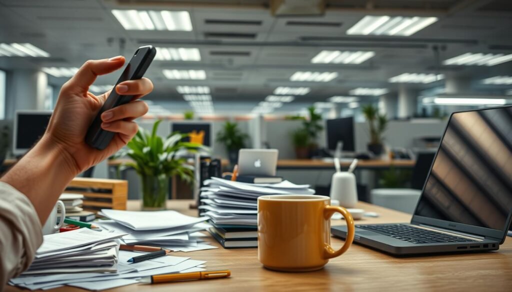 A well-lit, photorealistic scene depicting the daily routines and friction points of a modern office worker. In the foreground, the protagonist's hands interacting with a smartphone, laptop, and various office supplies, highlighting the small obstructions and frustrations of everyday tasks. The middle ground shows the worker's desk, with piles of paperwork, a cluttered computer setup, and a half-empty coffee mug, conveying a sense of disorganization. In the background, the office environment is visible, with cubicles, potted plants, and fluorescent lighting, creating a relatable, corporate ambiance. The overall mood is one of subtle annoyance and the need to "reset" and regain control of one's daily workflow. A well-lit, photorealistic scene depicting the daily routines and friction points of a modern office worker. In the foreground, the protagonist's hands interacting with a smartphone, laptop, and various office supplies, highlighting the small obstructions and frustrations of everyday tasks. The middle ground shows the worker's desk, with piles of paperwork, a cluttered computer setup, and a half-empty coffee mug, conveying a sense of disorganization. In the background, the office environment is visible, with cubicles, potted plants, and fluorescent lighting, creating a relatable, corporate ambiance. The overall mood is one of subtle annoyance and the need to "reset" and regain control of one's daily workflow.