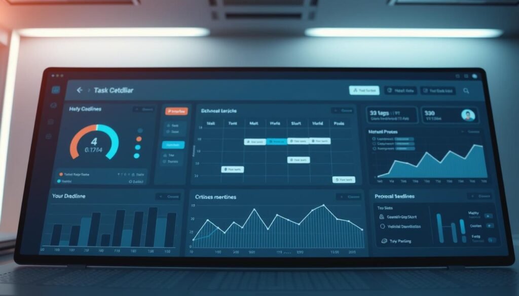 A well-organized workflow optimization tracking system, featuring a minimalist and intuitive dashboard. In the foreground, a series of progress bars and graphs convey key performance metrics, with sleek icons and clean typography. The middle ground showcases a calendar view, allowing users to monitor task deadlines and milestones. The background depicts a subtle grid pattern, creating a sense of structure and organization. Soft, indirect lighting illuminates the scene, giving it a professional, technology-driven atmosphere. The overall impression is one of efficiency, clarity, and a seamless user experience.