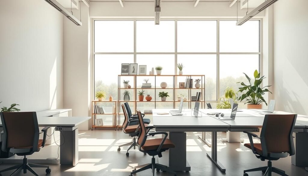 An airy, sun-dappled workspace with clean, minimalist design elements. A large, bright window frames a serene outdoor vista, drawing the eye outward. In the foreground, a sleek, modular desk system with ample surface area and discrete power and cable management. Ergonomic office chairs in muted tones invite focused work. Midground shelves display a curated collection of design references and potted plants, creating a sense of order and tranquility. Subtle, indirect lighting from overhead fixtures casts a warm glow, complementing the natural illumination. The overall atmosphere is one of calm productivity, encouraging undivided attention and creative flow. An airy, sun-dappled workspace with clean, minimalist design elements. A large, bright window frames a serene outdoor vista, drawing the eye outward. In the foreground, a sleek, modular desk system with ample surface area and discrete power and cable management. Ergonomic office chairs in muted tones invite focused work. Midground shelves display a curated collection of design references and potted plants, creating a sense of order and tranquility. Subtle, indirect lighting from overhead fixtures casts a warm glow, complementing the natural illumination. The overall atmosphere is one of calm productivity, encouraging undivided attention and creative flow.