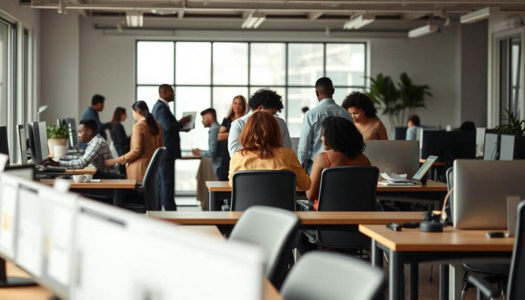 An office environment with desks, chairs, and computers in the foreground. In the middle ground, people of diverse backgrounds are working together, facing various obstacles and challenges. In the background, a bright and airy space with large windows, representing a welcoming and inclusive atmosphere. The lighting is soft and natural, creating a sense of openness and collaboration. The overall scene conveys a message of removing barriers and creating equal opportunities in the recruitment and hiring processes. An office environment with desks, chairs, and computers in the foreground. In the middle ground, people of diverse backgrounds are working together, facing various obstacles and challenges. In the background, a bright and airy space with large windows, representing a welcoming and inclusive atmosphere. The lighting is soft and natural, creating a sense of openness and collaboration. The overall scene conveys a message of removing barriers and creating equal opportunities in the recruitment and hiring processes.