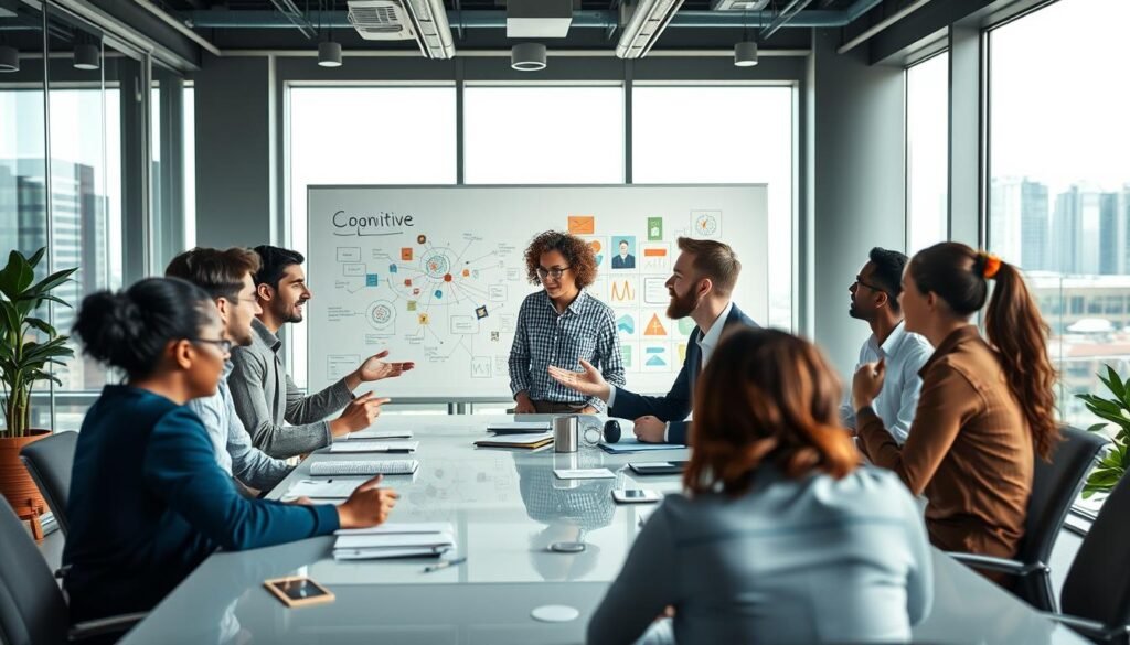An open-plan office with a diverse team of professionals collaborating at a large conference table. In the foreground, a group of people with different ages, ethnicities, and abilities work together, gesturing animatedly and exchanging ideas. The middle ground features a large whiteboard covered in colorful diagrams and notes, reflecting the team's cognitive diversity. The background is softly lit, with floor-to-ceiling windows overlooking a bustling cityscape, conveying a sense of productivity and progress. The overall atmosphere is one of dynamic synergy, where various perspectives and approaches converge to drive innovation and problem-solving.
