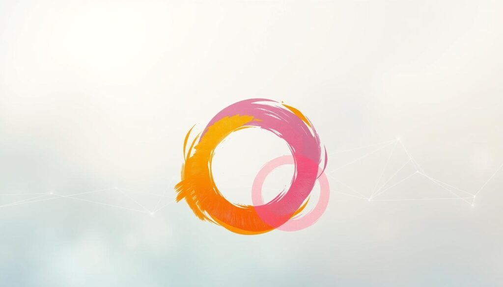 Elegant abstract illustration of a "Passion Discovery Process Framework for Creative Professionals". In the foreground, three interconnected circular elements represent the "Three Pillars of Creative Fulfillment": Passion, Strengths, and Opportunities. The pillars are depicted with vibrant, textured brushstrokes in a harmonious color palette. The middle ground features delicate, ethereal geometric shapes and lines, symbolizing the creative journey and self-discovery. The background is a soft, dreamy gradient, creating a sense of depth and tranquility. The overall composition conveys a feeling of balance, clarity, and inspiration - guiding creative individuals towards finding their creative spark.
