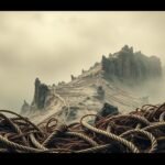 Friction points in habit formation: A dynamic scene with overlapping textures and shapes representing the struggles of habit change. In the foreground, a tangled web of twisted paths and knotted ropes symbolizes the obstacles and roadblocks that impede progress. The middle ground features a jagged, rocky terrain with eroding ledges, conveying the uneven, unpredictable nature of habit formation. In the background, a hazy, muted landscape suggests the mental and emotional friction that can undermine our best intentions. Dramatic shadows and a muted color palette create a sense of tension and resistance, while the overall composition conveys the complex, multifaceted nature of building lasting habits.