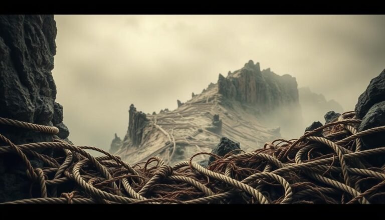 Friction points in habit formation: A dynamic scene with overlapping textures and shapes representing the struggles of habit change. In the foreground, a tangled web of twisted paths and knotted ropes symbolizes the obstacles and roadblocks that impede progress. The middle ground features a jagged, rocky terrain with eroding ledges, conveying the uneven, unpredictable nature of habit formation. In the background, a hazy, muted landscape suggests the mental and emotional friction that can undermine our best intentions. Dramatic shadows and a muted color palette create a sense of tension and resistance, while the overall composition conveys the complex, multifaceted nature of building lasting habits.