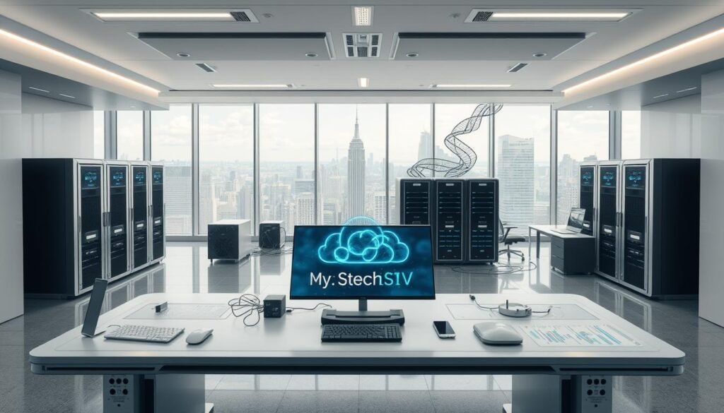 Prompt A futuristic hybrid workplace technology infrastructure, captured with a wide-angle lens in a well-lit, minimalist office setting. The foreground features a sleek, modular workstation with integrated conferencing equipment, wireless charging pads, and a holographic display. In the middle ground, interconnected server racks and cloud storage units form a complex network, while in the background, panoramic windows overlook a bustling cityscape. The overall atmosphere is one of streamlined efficiency, connectivity, and the seamless integration of physical and digital workspaces.