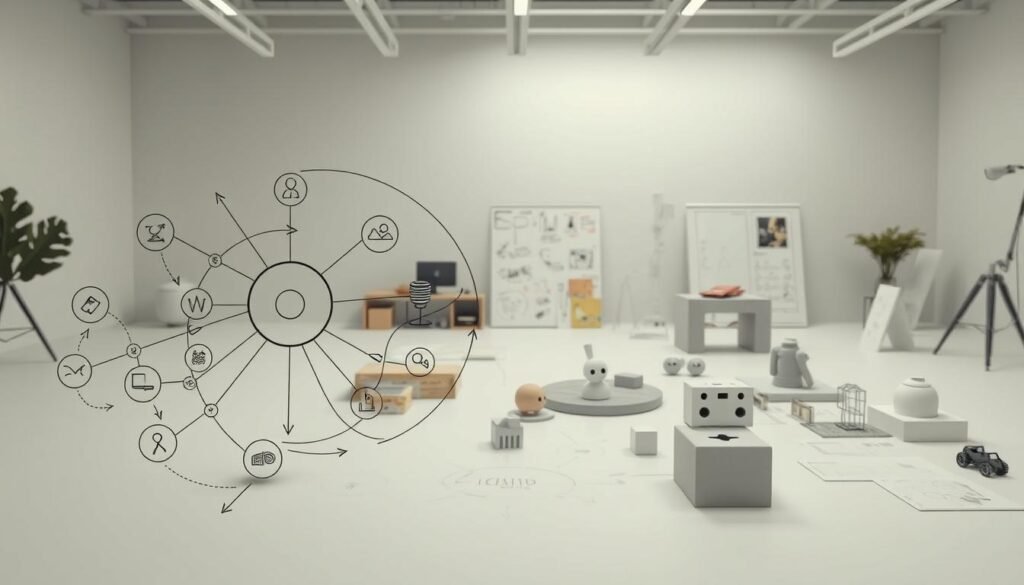 Systematic creativity frameworks for innovation methodology. In the foreground, a complex diagram depicting interconnected spheres, arrows, and icons symbolizing the steps and elements of a structured innovation process. A neutral color palette with muted tones creates a professional, analytical atmosphere. The middle ground features experimental prototypes, sketches, and 3D models, hinting at the practical application of the frameworks. In the background, a clean, minimalist workspace with stark lighting and clean lines, conveying a sense of organized, methodical innovation. The overall image should communicate the power of employing systematic approaches to drive creative breakthroughs and elevate innovation outcomes.