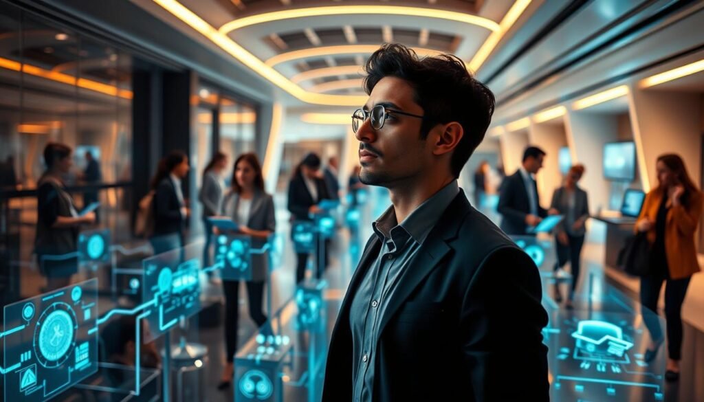 Workplace evolution and career adaptation strategies: A dynamic scene depicting the transformative journey of a modern professional. In the foreground, a person navigates a maze of changing technologies, flexibly adapting their skills. The middle ground showcases a diverse team collaborating, their expressions conveying a sense of resilience and growth. The background features a sleek, futuristic office space, with holographic displays and fluid architectural lines, symbolizing the rapid pace of change. Warm, directional lighting casts a contemplative glow, emphasizing the subject's introspective pose as they contemplate their career path. This image aims to capture the essence of lifelong innovation and renewal required for enduring professional success.